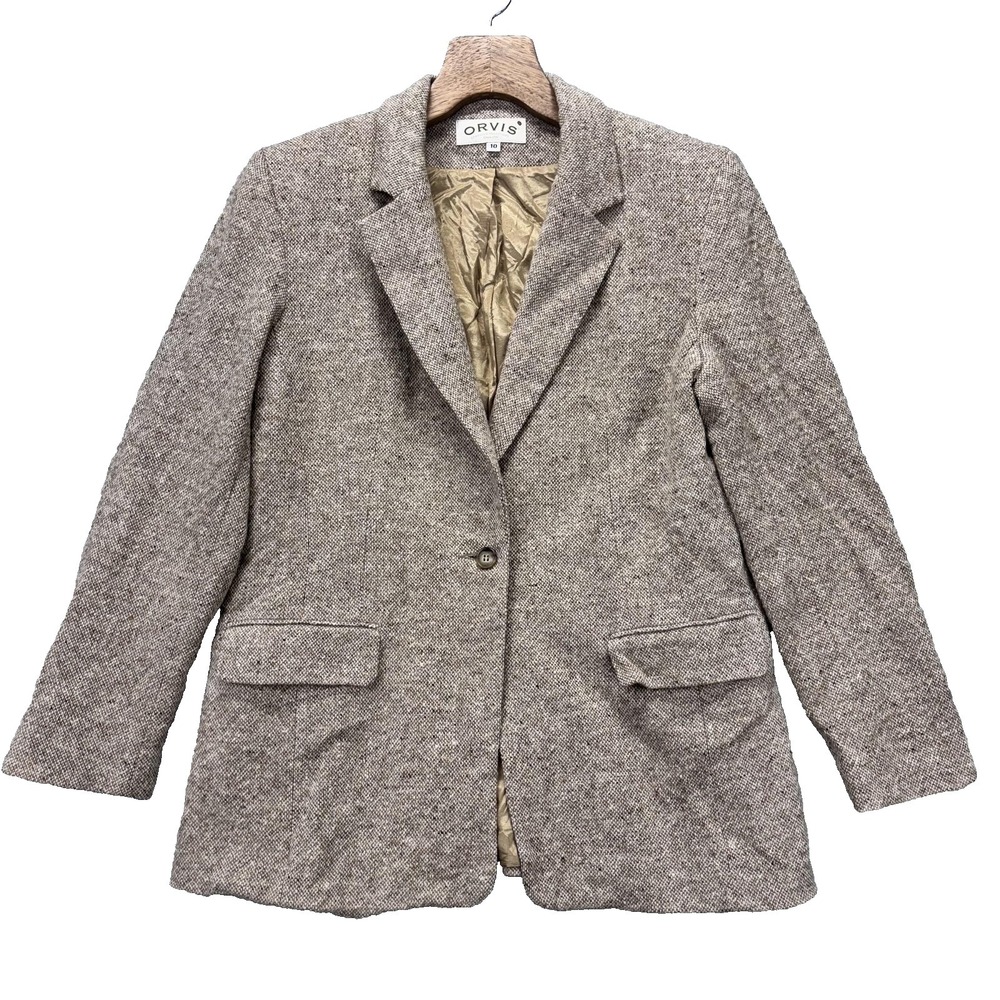 Orvis Blazer Womens 10 Brown Tan Wool Blend Tweed Notch Lapel Lined Made USA